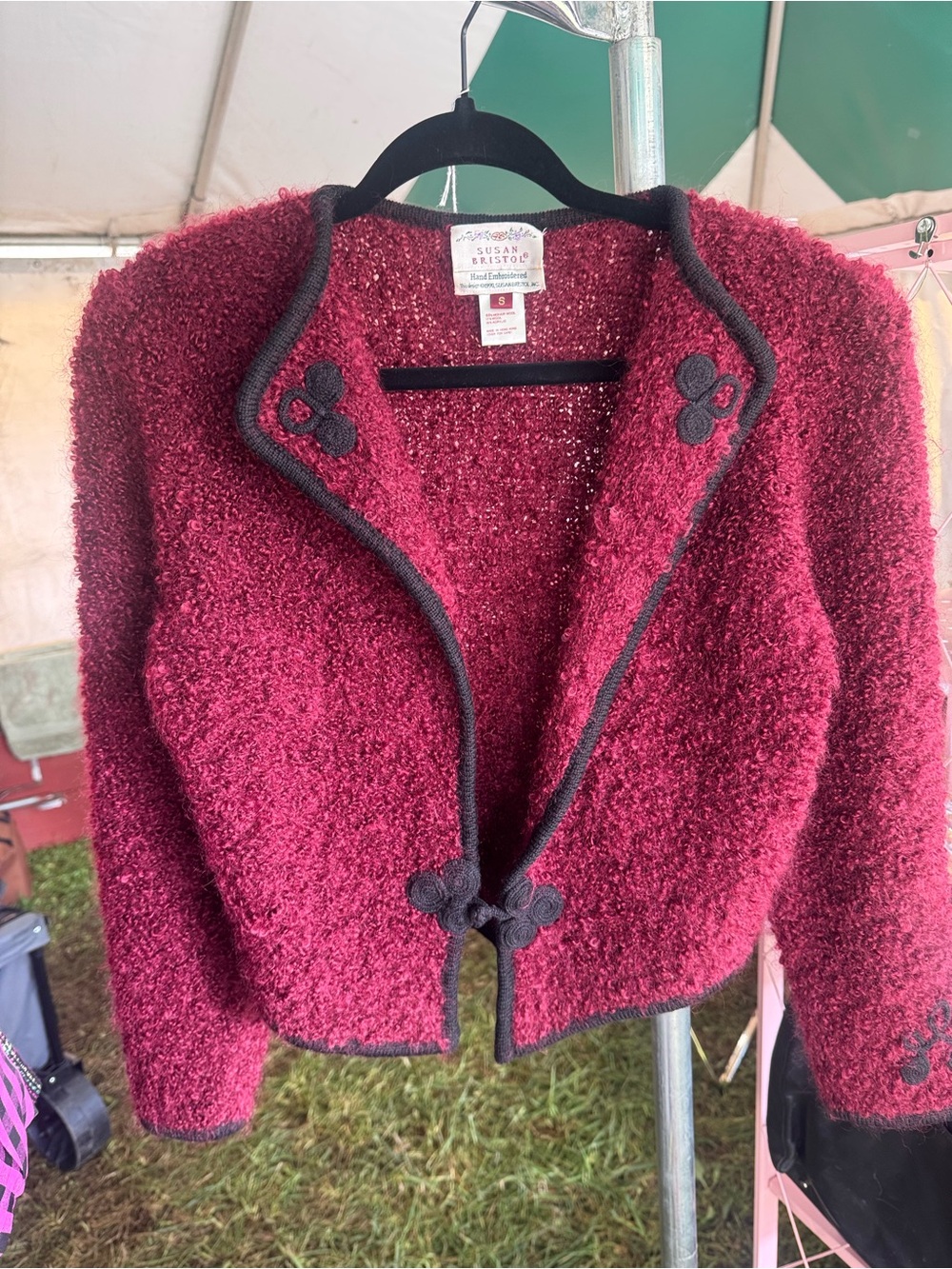 Vtg Susan Bristol Burgundy Mohair Bouclé Cropped Blazer with Black Trim